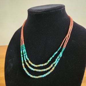 Layered Three Strand Seed Bead Necklace by Marquet in Coral and Turquoise